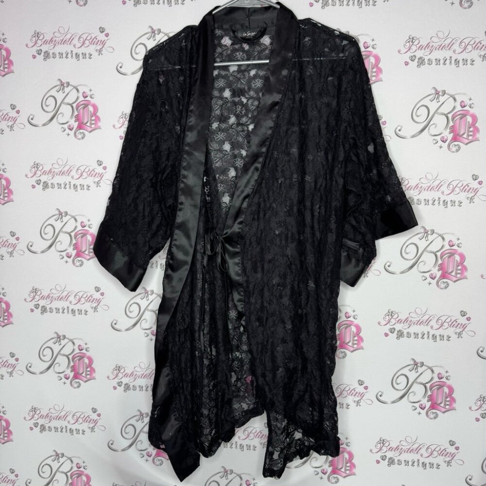 La senza robe kimono lace black tie up belt floral flowers mesh Lacey lounge